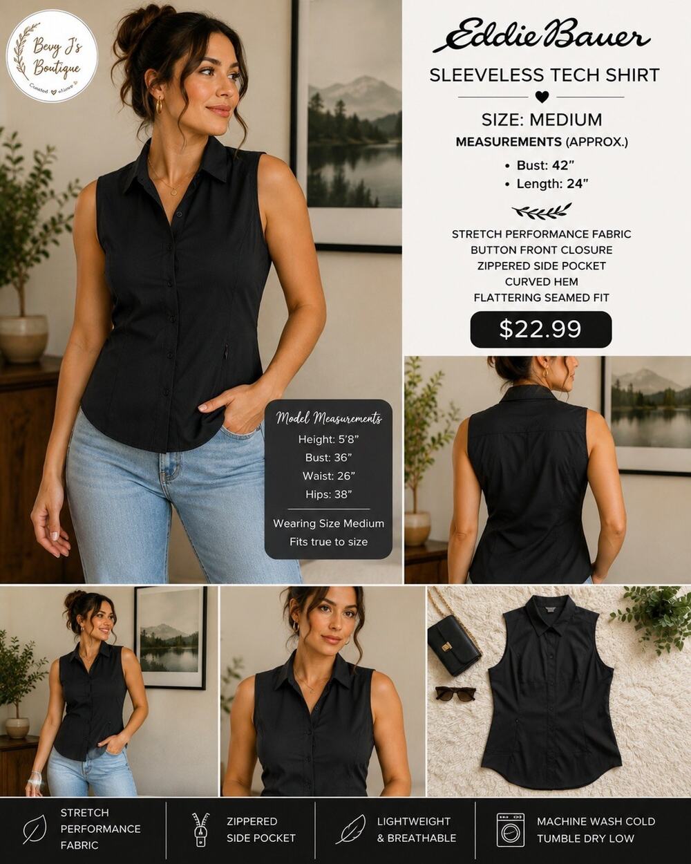Eddie Bauer Women M Black Sleeveless Tech Shirt Stretch Button Front Zip Pocket